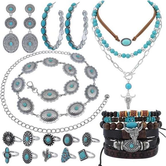 15 PCs Western Concho Belt Cowgirl Necklace, Dangle Earrings Rins Jewelry set main image 6